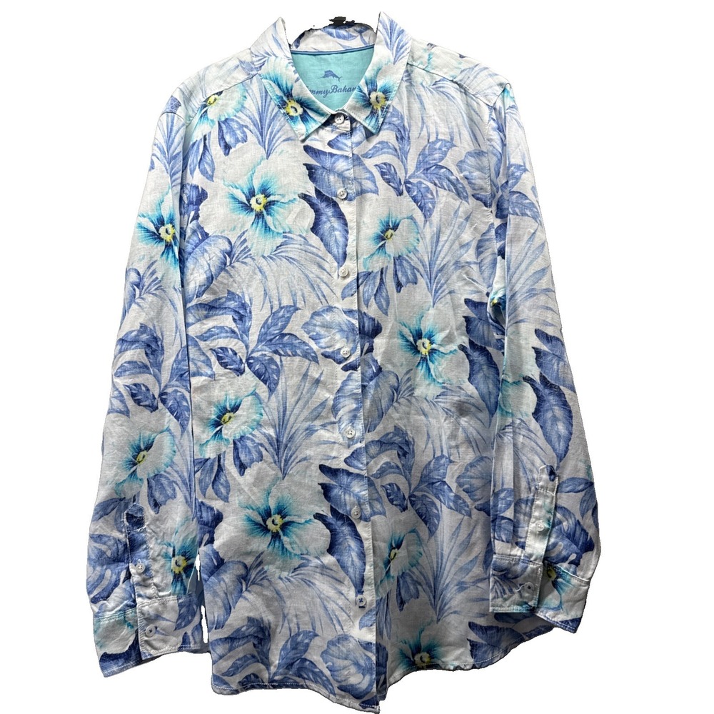 Tommy Bahama Womens Top Sz L Blue 100% Linen Beach Floral Long Sleeve Button Up